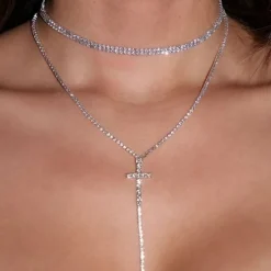 Lange Zilveren Strass ketting met Kruis Detail