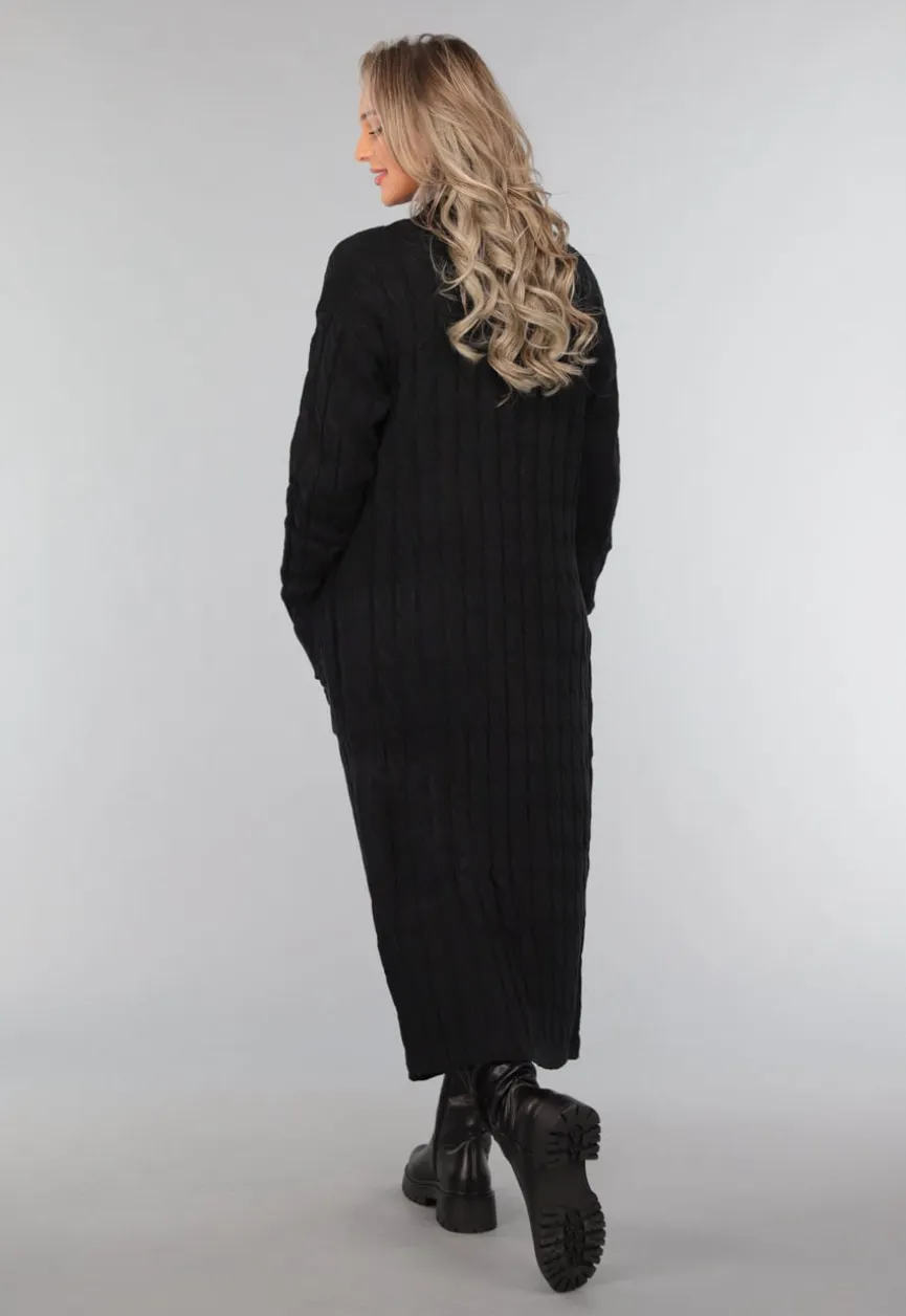 Lange Zwarte Cardigan met Zakken