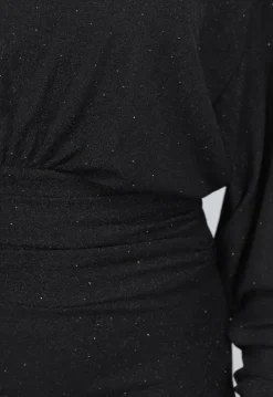 Lange Zwarte Geplooide Glitter Jurk met Strass