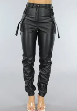 Lange Zwarte Lederlook Cargo Broek