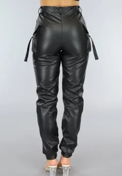 Lange Zwarte Lederlook Cargo Broek