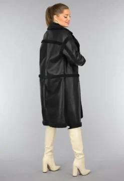 Lange Zwarte Lederlook Teddy Trenchcoat