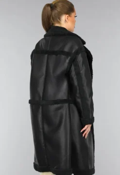 Lange Zwarte Lederlook Teddy Trenchcoat