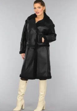 Lange Zwarte Lederlook Teddy Trenchcoat