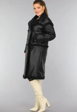 Lange Zwarte Lederlook Teddy Trenchcoat