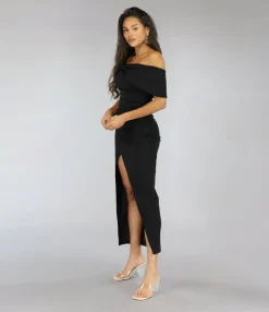 Lange Zwarte Off Shoulder Galajurk met Split