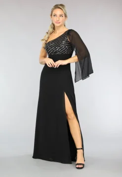 Lange Zwarte One Sleeve Chiffon Jurk met Split
