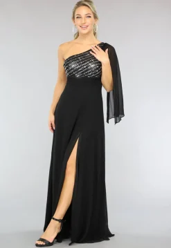 Lange Zwarte One Sleeve Chiffon Jurk met Split