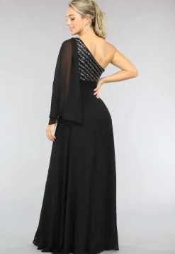 Lange Zwarte One Sleeve Chiffon Jurk met Split