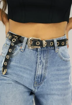 Lange Zwarte Riem met Gouden Ringen