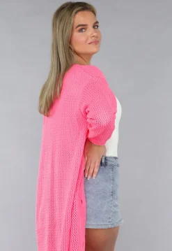 Lang Roze Gebreid Vest met Statement Knopen