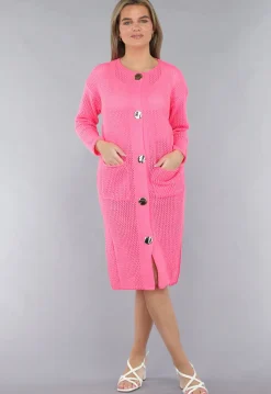 Lang Roze Gebreid Vest met Statement Knopen