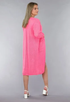 Lang Roze Gebreid Vest met Statement Knopen