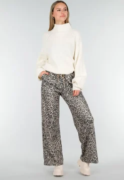Leopard Print Broek met Rechte Pijp en Elastische Taille