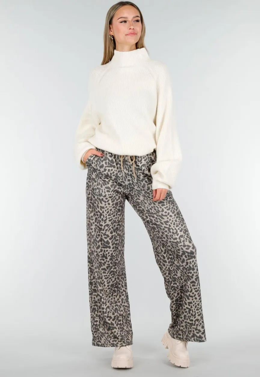 Leopard Print Broek met Rechte Pijp en Elastische Taille