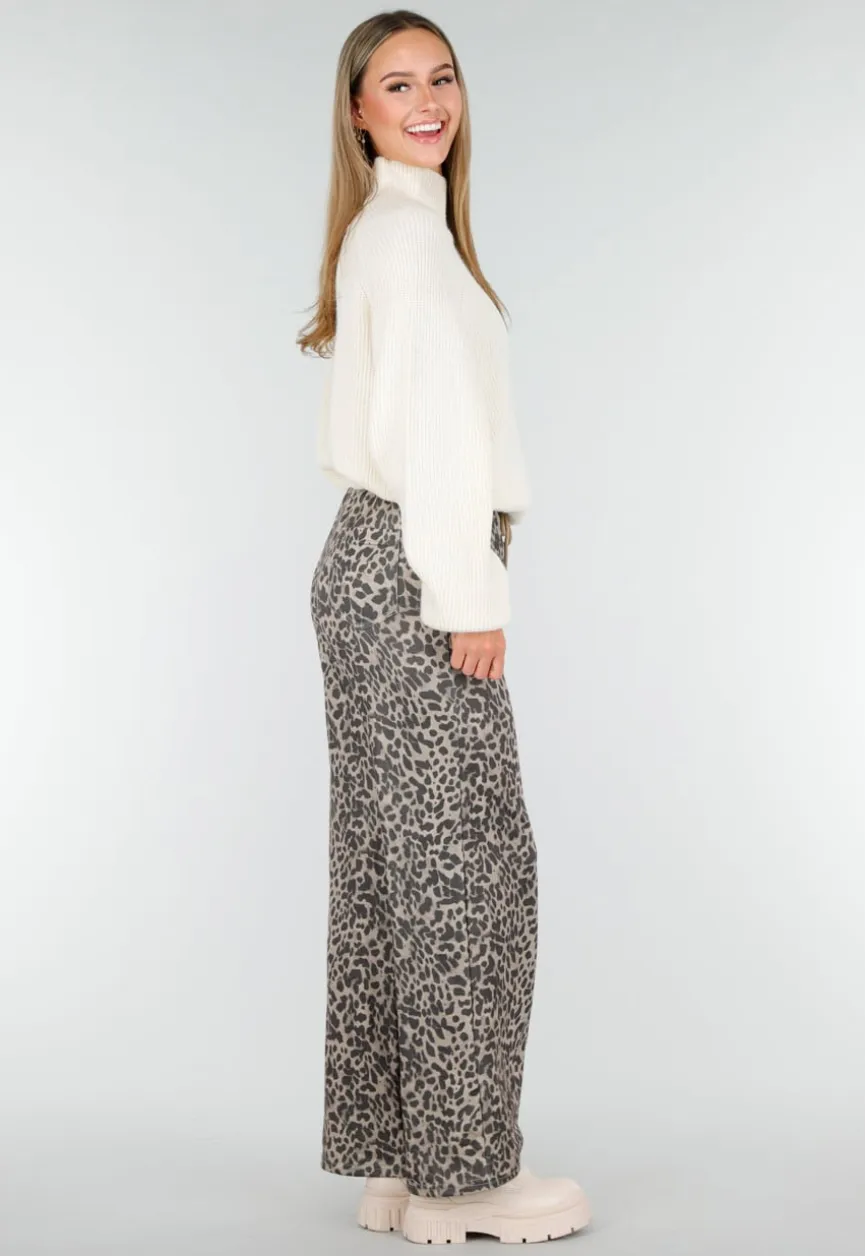 Leopard Print Broek met Rechte Pijp en Elastische Taille