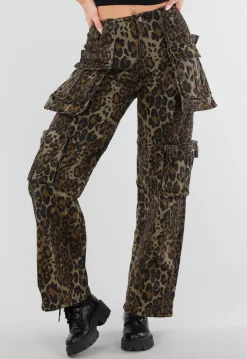 Leopard Print Denim Cargo Broek met Stretch en Zakken