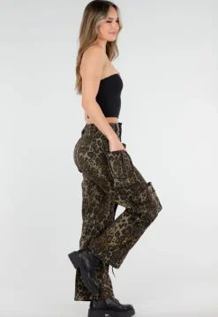 Leopard Print Denim Cargo Broek met Stretch en Zakken