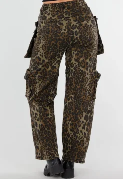Leopard Print Denim Cargo Broek met Stretch en Zakken