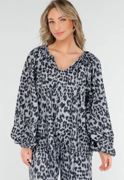 Leopard Print Lange Mouwen met Elastiek Blouse met Koordje