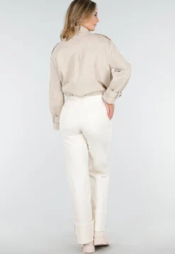 Licht Beige Cropped Jas met Grote Borstzakken en Epauletten