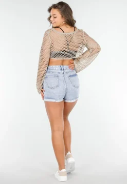 Lichtbeige Fishnet Bolero met Lange Mouwen en Kauri Schelpjes