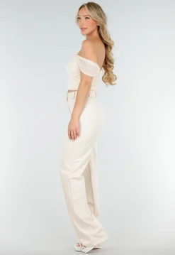 Lichtbeige Mesh Off Shoulder Top met Stretch en Drapé Effect