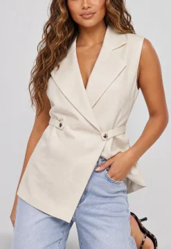 Lichtbeige Mouwloos Gilet met Revers en Tailleriem