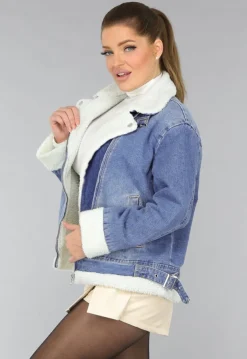 Lichtblauw Denim Teddy Biker Jasje