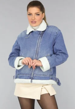 Lichtblauw Denim Teddy Biker Jasje