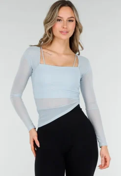 Lichtblauwe Asymmetrische Mesh Top met Lange Mouwen en Pads