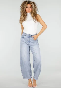 Lichtblauwe Barrel Jeans met Hoge Taille