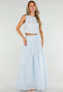 Lichtblauwe Bloemen Crop Top met Mouwloos Model