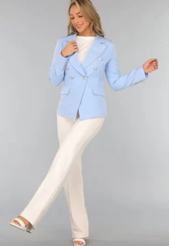 Lichtblauwe Button Blazer met Schoudervulling
