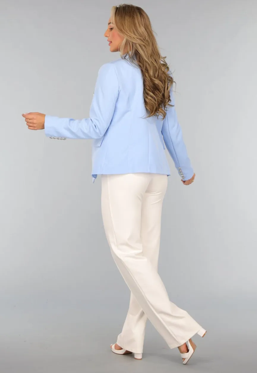 Lichtblauwe Button Blazer met Schoudervulling