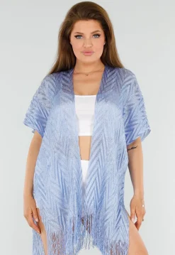 Lichtblauwe Cover-Up met Fringes en Zijsplitten