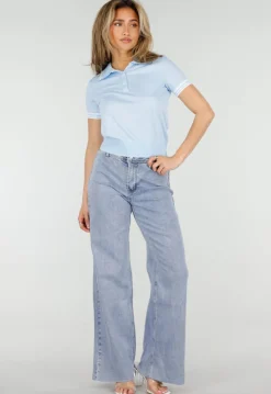 Lichtblauwe Cropped Polo Top met Kraag Knoopsluiting en Strepen