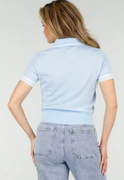 Lichtblauwe Cropped Polo Top met Kraag Knoopsluiting en Strepen