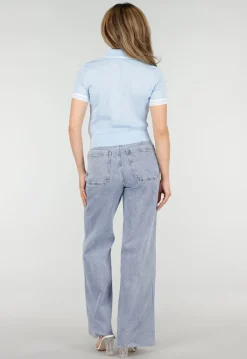 Lichtblauwe Cropped Polo Top met Kraag Knoopsluiting en Strepen