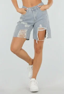 Lichtblauwe Denim Bermuda Shorts met Strass en Destroyed Details Voor Dames