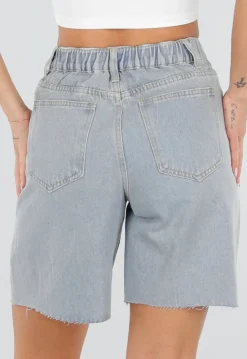 Lichtblauwe Denim Bermuda Shorts met Strass en Destroyed Details Voor Dames