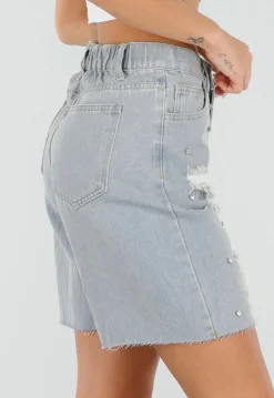 Lichtblauwe Denim Bermuda Shorts met Strass en Destroyed Details Voor Dames