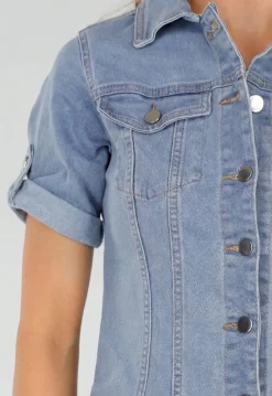 Lichtblauwe Denim Blousejurk met Korte Mouwen en Knoopsluiting
