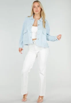 Lichtblauwe Denim Jas met Klepzakken, Trekkoord en Knoopsluiting