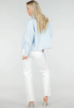 Lichtblauwe Denim Jas met Klepzakken, Trekkoord en Knoopsluiting