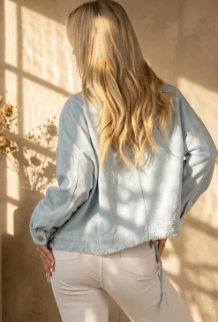 Lichtblauwe Denim Jas met Klepzakken, Trekkoord en Knoopsluiting