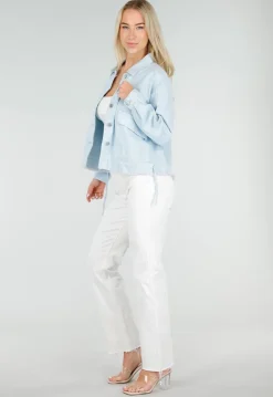 Lichtblauwe Denim Jas met Klepzakken, Trekkoord en Knoopsluiting