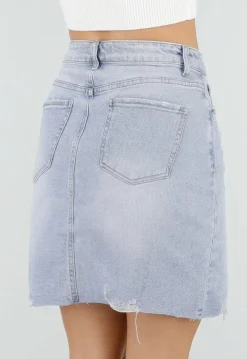 Lichtblauwe Denim Mini Rok met Ruwe Afwerking