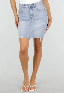 Lichtblauwe Denim Mini Rok met Ruwe Afwerking