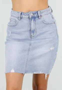 Lichtblauwe Denim Mini Rok met Ruwe Afwerking